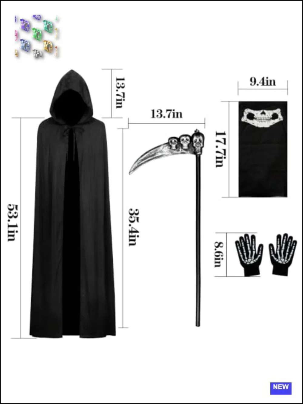 Grim Reaper Cloak Costume Halloween Hooded Cape Cosplay Scary Outfit Set